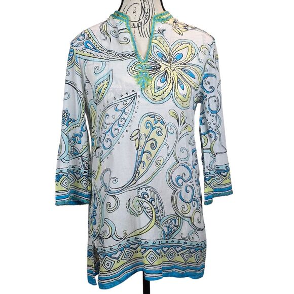 Chico's Tops - Chicos Top 3/4 Sleeve Beaded V-Neck Boho Retro 70s Maximalist Womens 0 Small